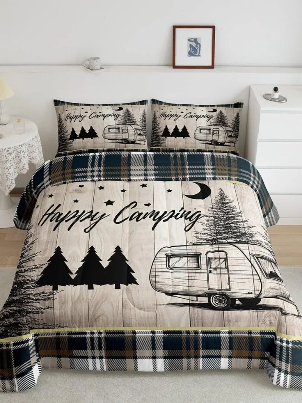 RV Camper Queen Comforter Set,Rustic Camping Bedding Sets for Travel Trailer,Cab